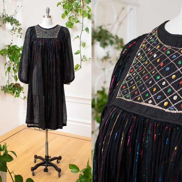 Vintage 1970s Trapeze Dress 70s Metallic Rainbow Black Cotton Gauze Tent Sequin